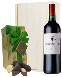 French Bordeaux Red Wine and Chocolates Gift Set in Wooden Box