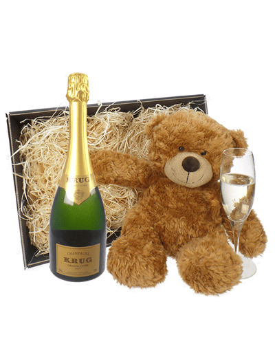 Krug Grande Cuvee Champagne and Teddy Bear Gift Basket
