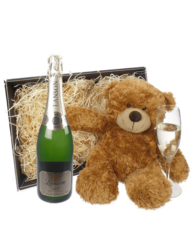 Lanson Gold Label Champagne and Teddy Bear Gift Basket