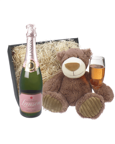 Lanson Rose Champagne and Teddy Bear Gift Basket