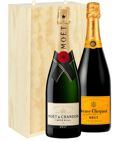 Moet And Veuve Two Bottle Champagne Gift in Wooden Box