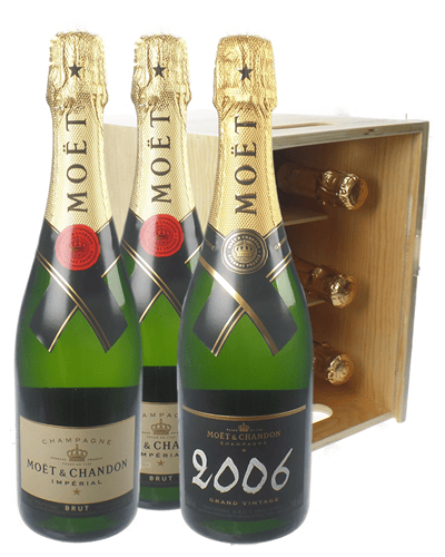 Moet NV and Moet Vintage Champagne Six Bottle Wooden Crate