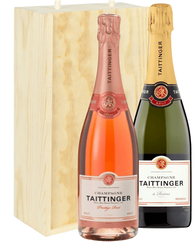 Taittinger And Taittinger Rose Two Bottle Champagne Gift in Wooden Box