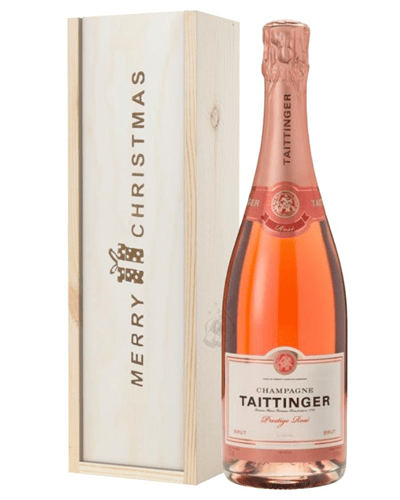 Taittinger Rose Champagne Single Bottle Christmas Gift In Wooden Box