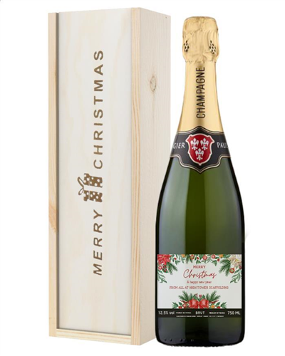 Merry Christmas Personalised Champagne Gift With Red Ribbon and Holly