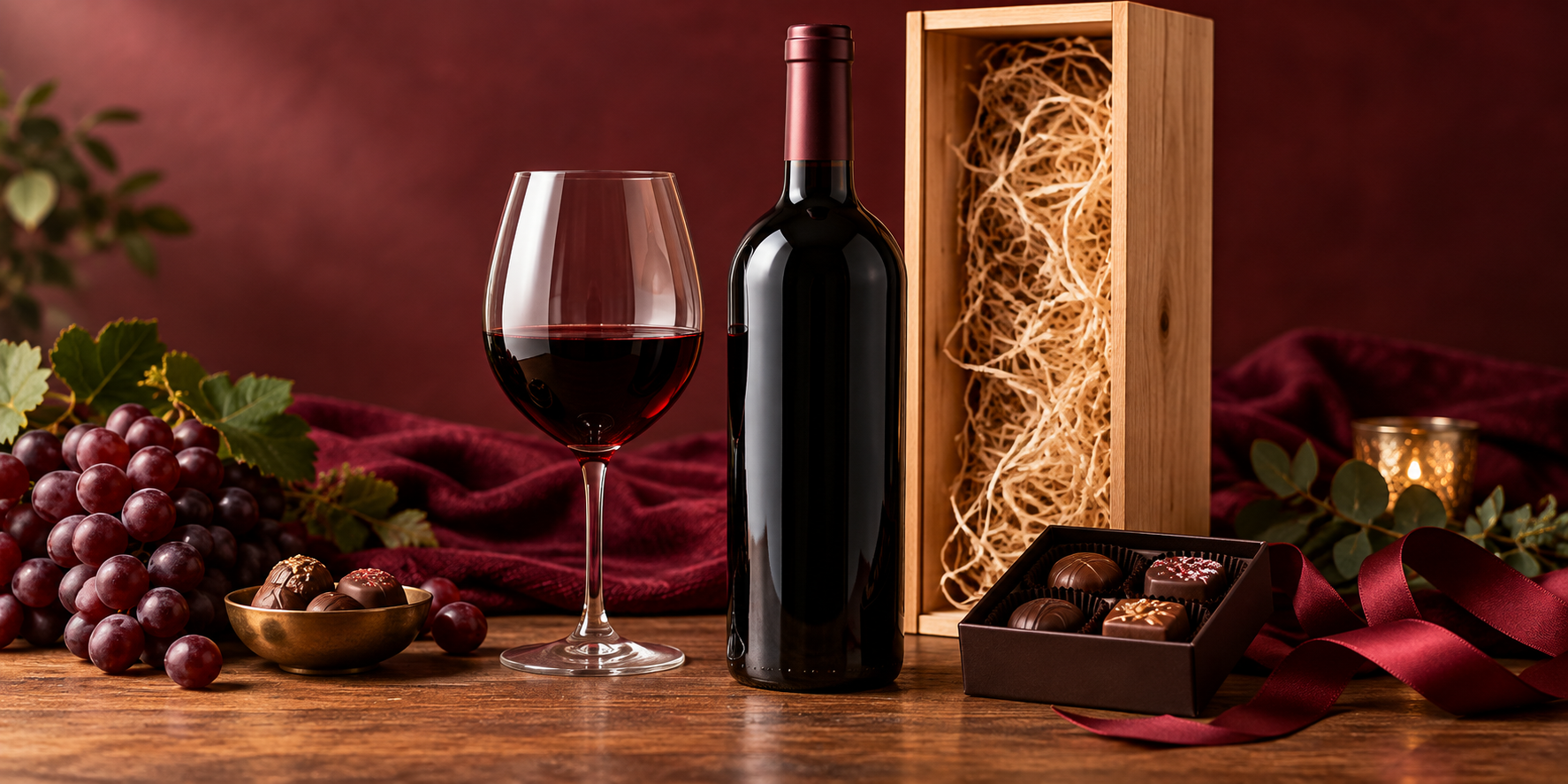 Red wine gifts for wine lovers with chocolates and a wooden gift box