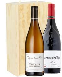 Chablis and Chateauneuf-du-Pape Mixed Two Bottle Wine Gift in Wooden Box