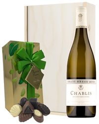 Chablis White Wine and Chocolates Gift Set in Wooden Box