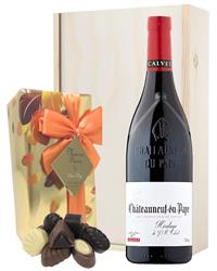 Chateauneuf Du Pape Wine and Chocolates Gift Set in Wooden Box