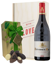 French Chateauneuf Du Pape Valentines Wine and Chocolate Gift Box