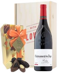 French Chateauneuf Du Pape Valentines Wine and Chocolate Gift Box