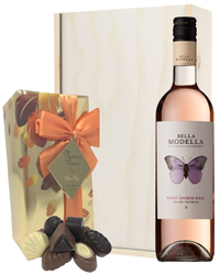 Pinot Grigio Rose Wine and Chocolates Gift Set in Wooden Box