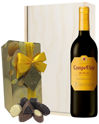 Rioja Tempranillo Red Wine and Chocolates Gift Set in Wooden Box