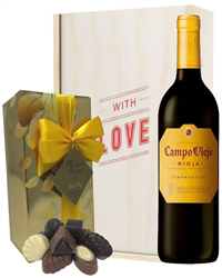 Spanish Rioja Tempranillo Red Wine Valentines Wine and Chocolate Gift Box