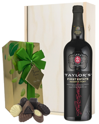 Taylors First Estate Port and Chocolates Gift Set in Wooden Box