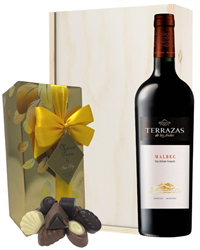 Terrazas Reserva Malbec Wine and Chocolates Gift Set in Wooden Box