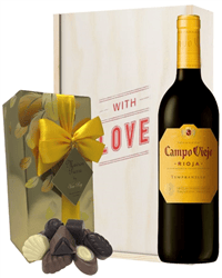 Spanish Rioja Tempranillo Red Wine Valentines Wine and Chocolate Gift Box
