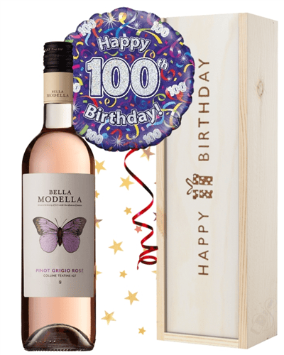100th Birthday Rose Wine and Balloon Gift