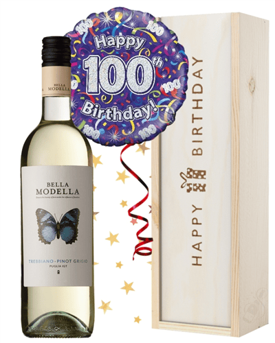 100th Birthday White Wine and Balloon Gift