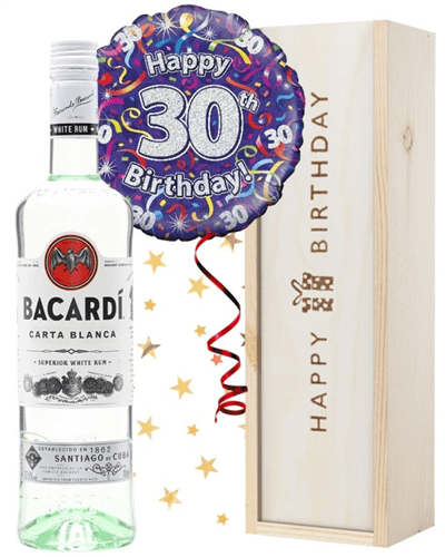 30th Birthday Bacardi Rum and Balloon Gift