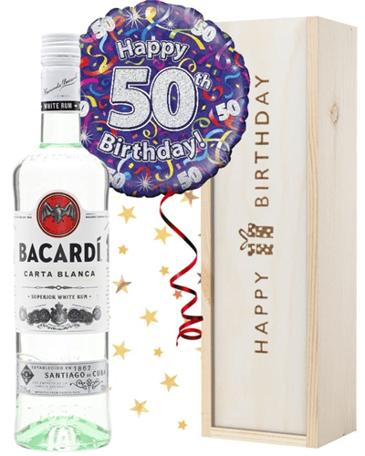 50th Birthday Bacardi Rum and Balloon Gift