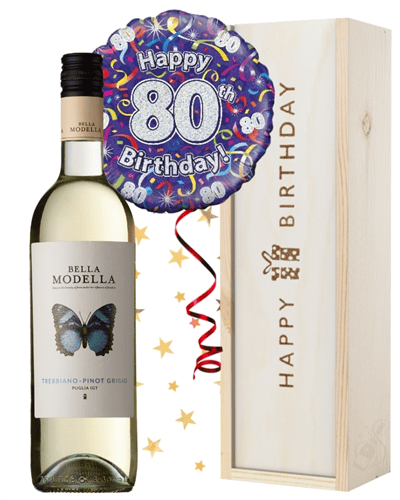 80th Birthday White Wine and Balloon Gift