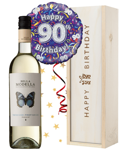 90th Birthday White Wine and Balloon Gift