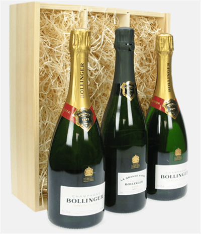 Bollinger Cuvee & Grande Annee Three Bottle Champagne Gift in Wooden Box