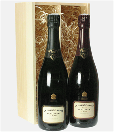 Bollinger Grande Annee and Grande Annee Rose Two Bottle Champagne Gift in Wooden Box