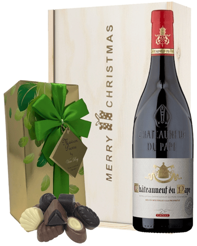 French Chateauneuf Du Pape Christmas Wine and Chocolate Gift Box