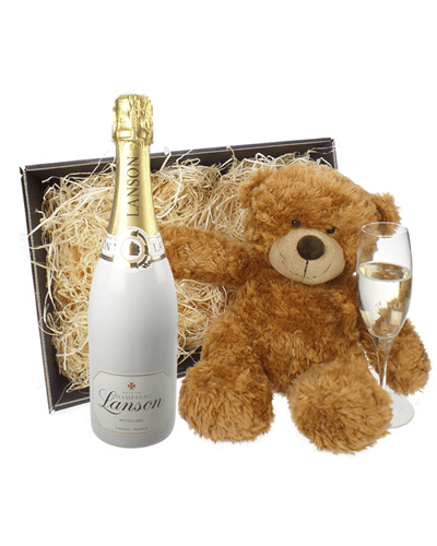 Lanson White Label Champagne and Teddy Bear Gift Basket