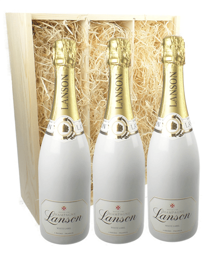 Lanson White Label Three Bottle Champagne Gift in Wooden Box