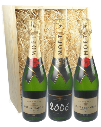 Moet NV and Vintage Three Bottle Champagne Gift in Wooden Box