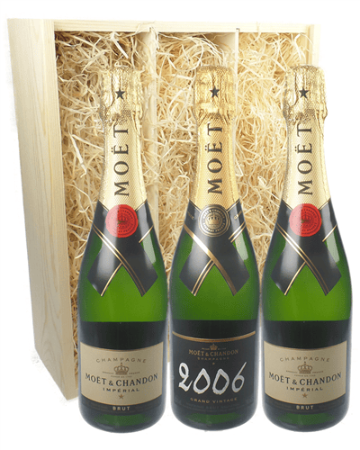 Moet NV and Vintage Three Bottle Champagne Gift in Wooden Box