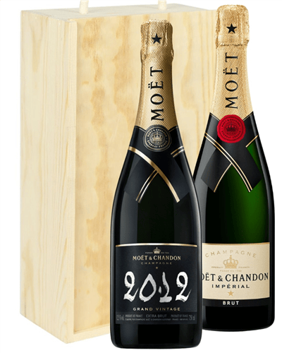 Moet NV and Vintage Two Bottle Champagne Gift in Wooden Box