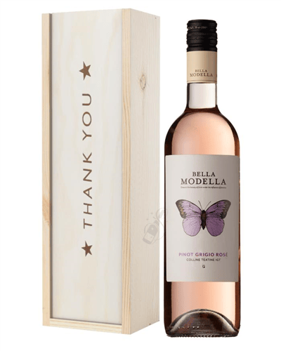 Pinot Grigio Rose Wine Thank You Gift In Wooden Box