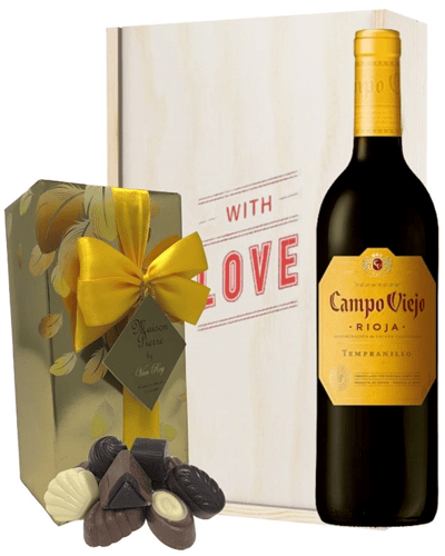 Spanish Rioja Tempranillo Red Wine Valentines Wine and Chocolate Gift Box