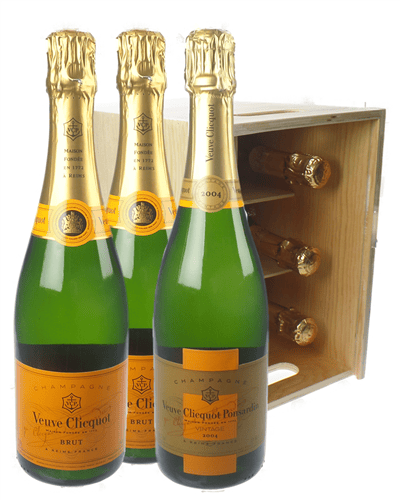 Veuve Clicquot NV and Veuve Vintage Champagne Six Bottle Wooden Crate