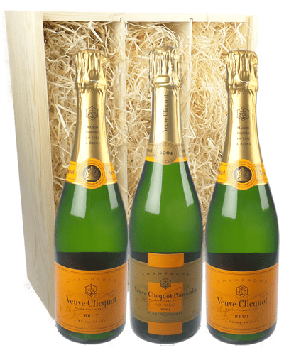 Veuve Clicquot NV and Vintage Three Bottle Champagne Gift in Wooden Box