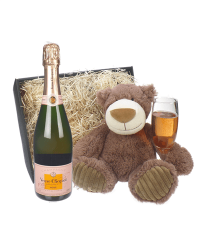 Veuve Cliqcuot Rose Champagne and Teddy Bear Gift Basket