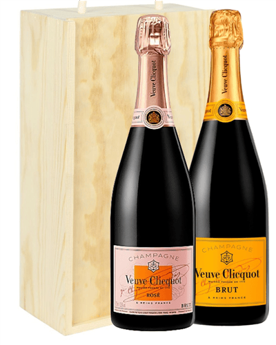 Veuve NV and NV Rose Two Bottle Champagne Gift in Wooden Box