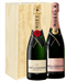 Moet And Moet Rose Two Bottle Champagne Gift in Wooden Box
