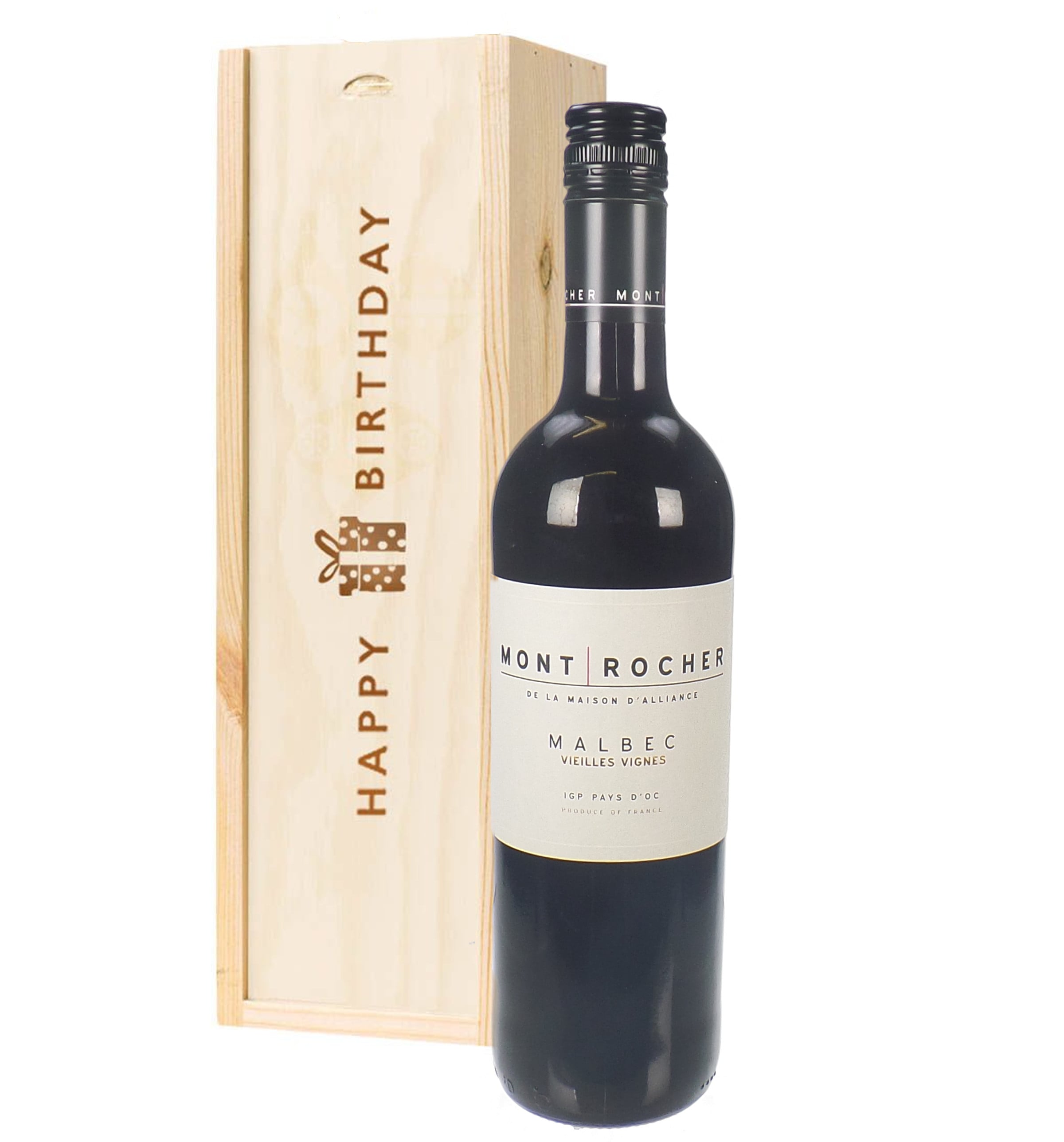 French Malbec Red Wine Birthday Gift In Wooden Box Next Day Delivery UK