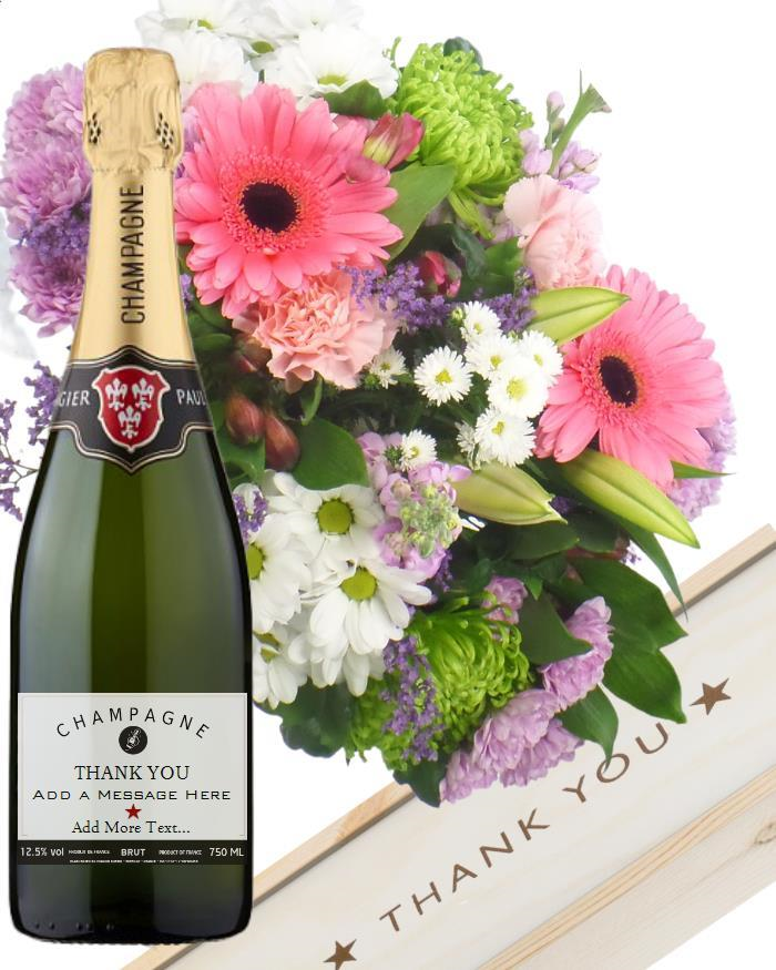Personalised Thank You Champagne and Flowers Next Day Delivery UK