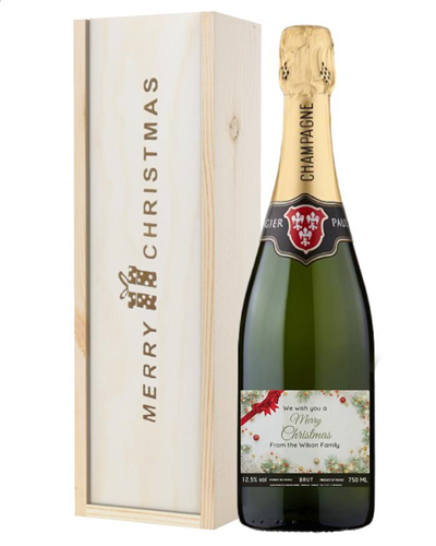 Personalised Christmas Champagne Gift With Red Ribbon and Baubles
