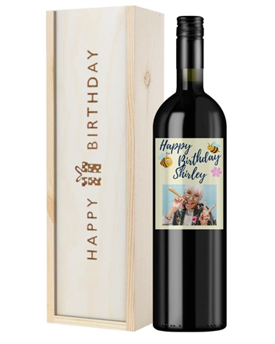 Personalised Red Wine Birthday Gift - Photo Upload - Bumble Bees and Flowers Label