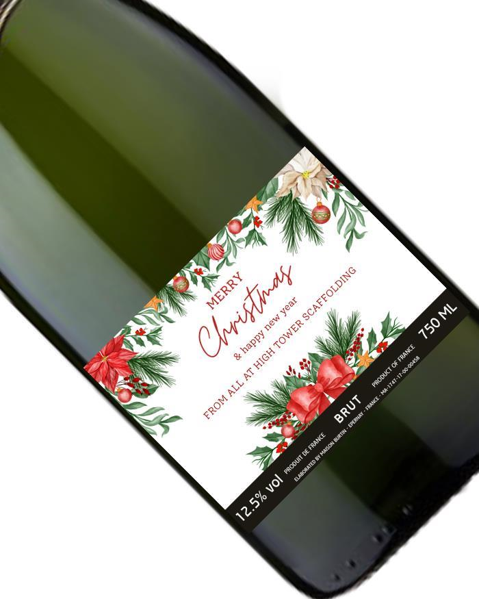 Personalised Merry Christmas Champagne With Red Ribbon and Holly