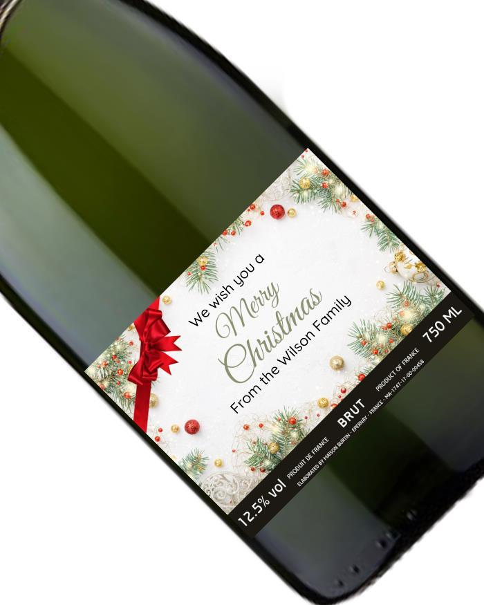 Personalised Christmas Champagne With Red Ribbon and Baubles