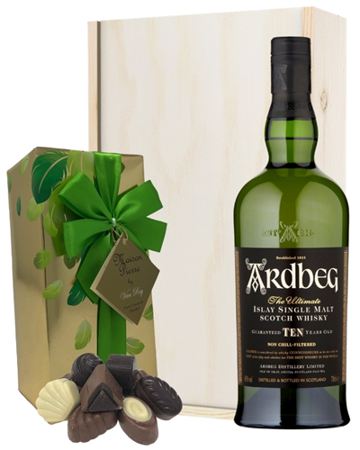 Ardbeg 10 Year Old and Chocolates Gift Set in Wooden Box