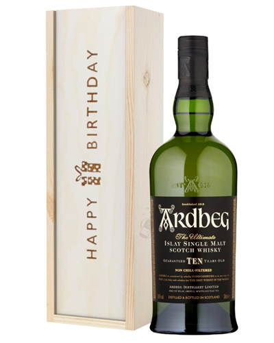 Ardbeg 10 Year Old Single Malt Whisky Birthday Gift In Wooden Box